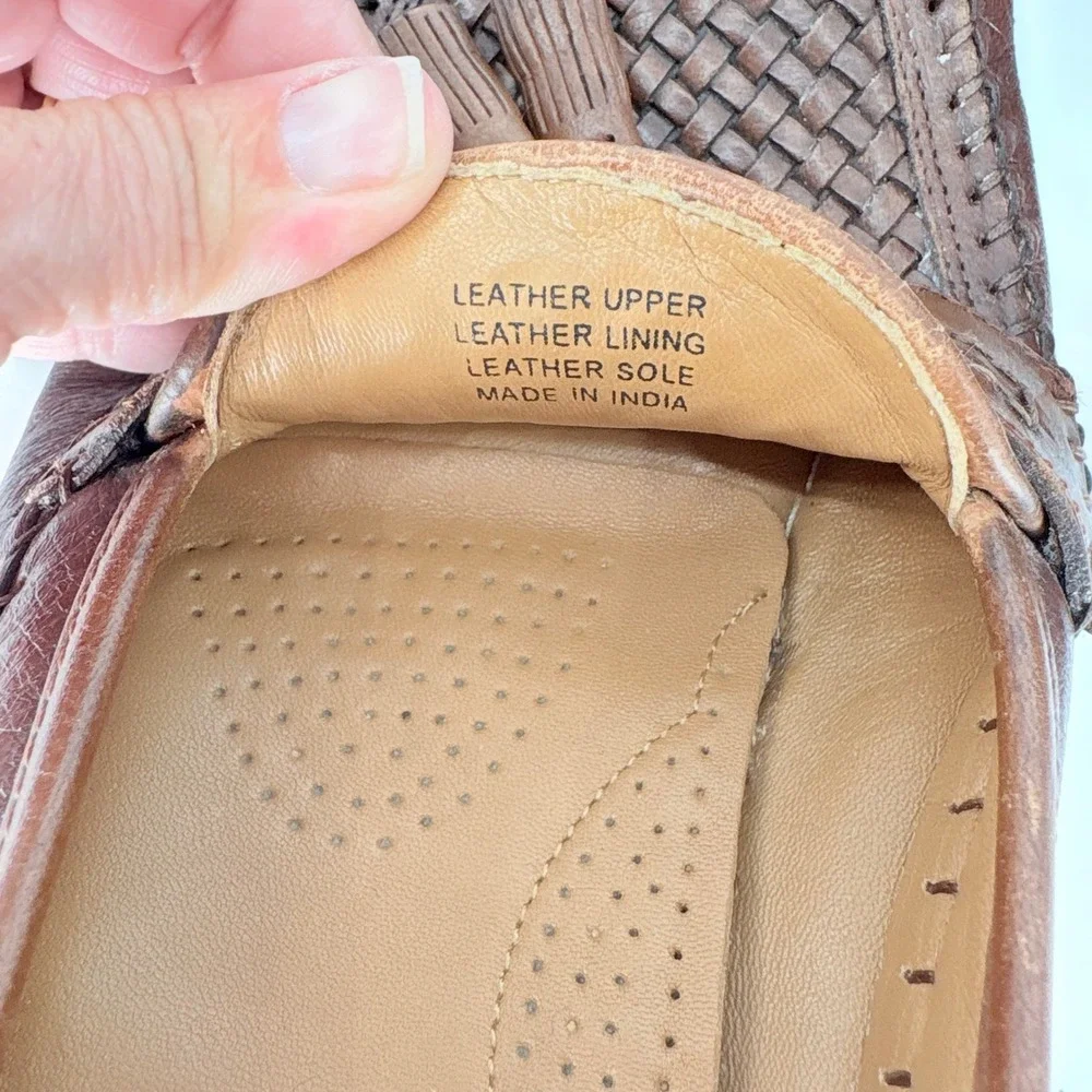 Brass Boot Brown Leather Loafers Men Size 11 M Woven Interlocking Tassel Slip On